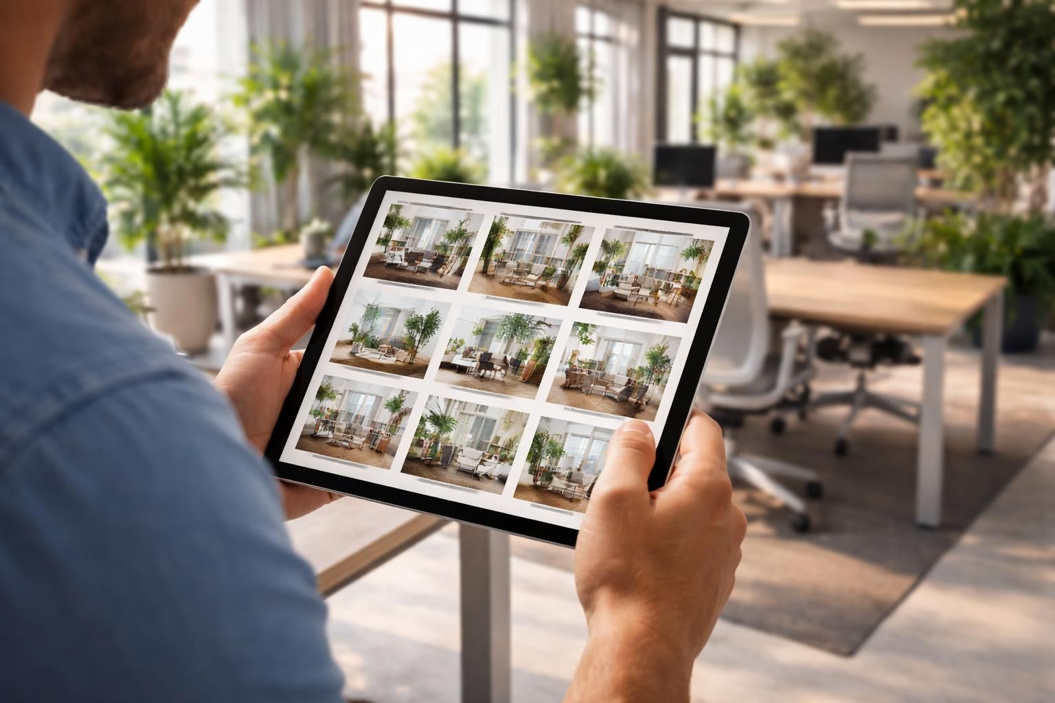 découvrez comment l'ipad en bureaux présente différentes options d’aménagement pendant la visite pour faciliter vos décisions d'aménagement.