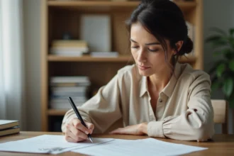 Femme écrivant une abréviation sur un formulaire administratif de location d'appartement