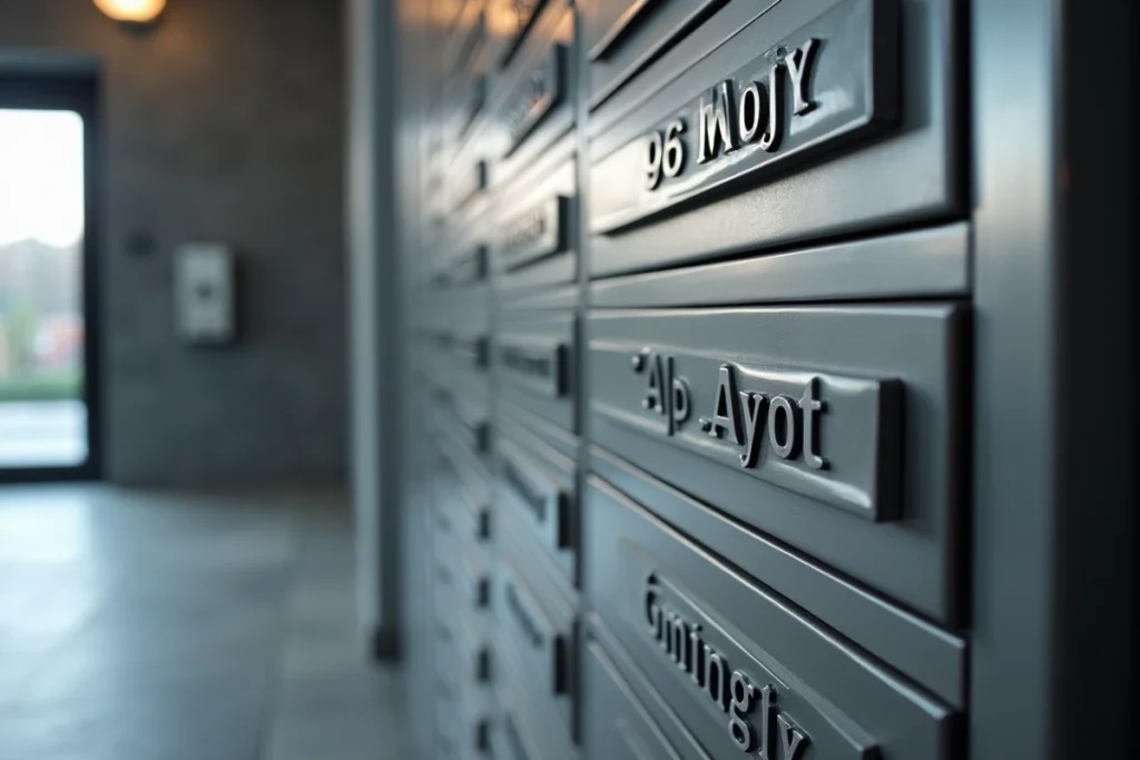Boîtes aux lettres d'immeuble avec abréviations d'appartement sur les étiquettes de noms