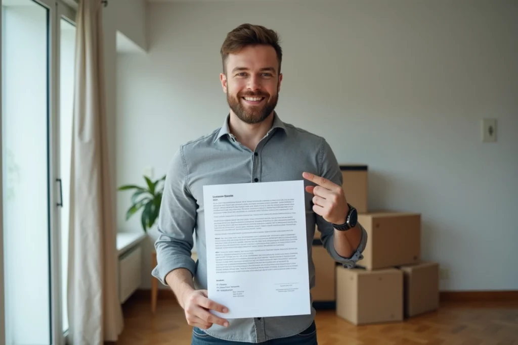 Homme tenant un contrat de bail avec une abréviation d'appartement visible dans l'adresse