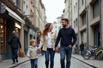 Famille se promenant dans un quartier résidentiel du Havre avec architecture moderniste en arrière-plan
