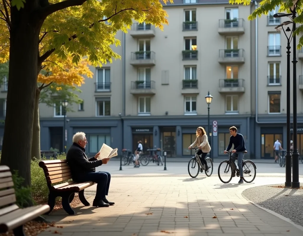 Place résidentielle animée au Havre illustrant la cohabitation entre familles et étudiants dans le quartier