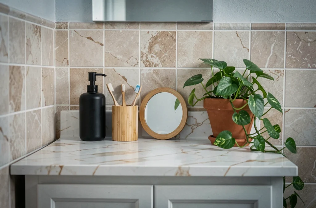 Vasque de salle de bain relookée avec accessoires tendance et papier adhésif imitation marbre sans travaux