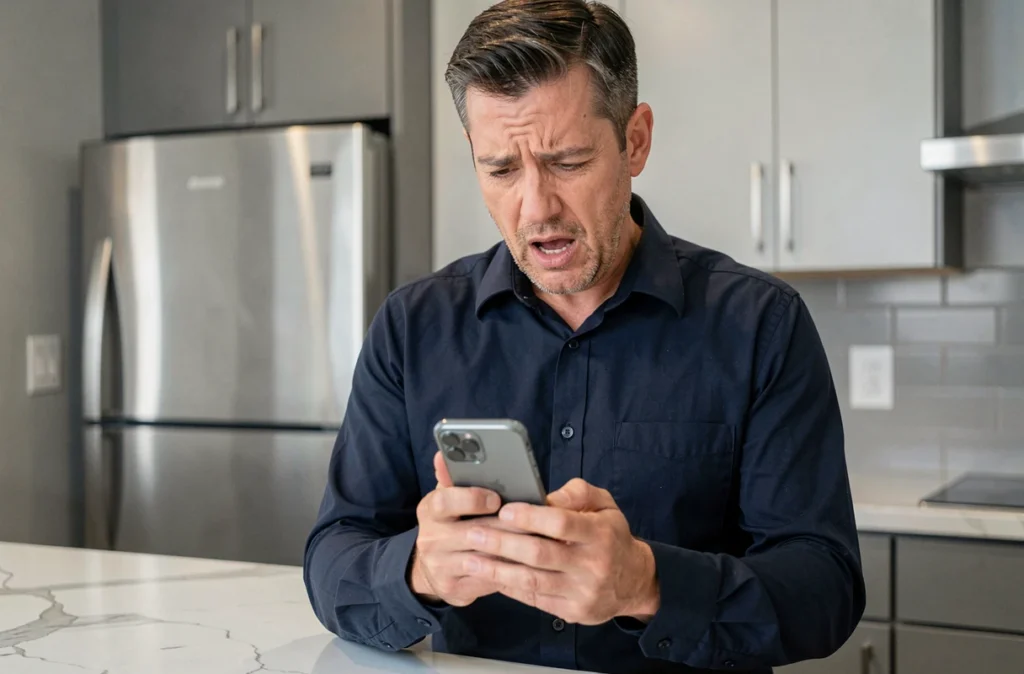 Homme perplexe consultant son smartphone pour activer son espace en ligne avec un code de vérification dans une cuisine moderne
