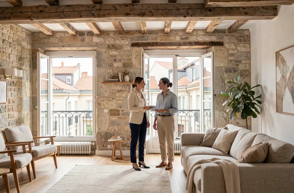 Agent immobilier présentant un appartement rénové avec murs en pierre à Lyon centre à un couple d'acheteurs