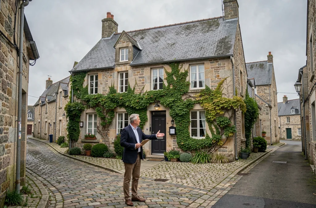 Agent immobilier présentant une maison en pierre bretonne avec toit en ardoise lors d'une visite dans un village du Finistère