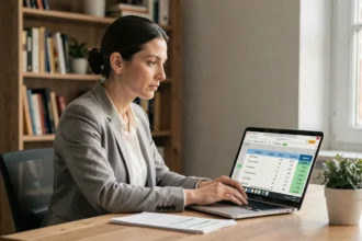 Femme calculant le loyer Pinel sur un simulateur en ligne depuis son bureau à domicile