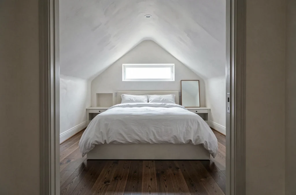 Chambre aménagée dans les combles avec lit bas, velux au-dessus de la tête de lit et parquet chêne foncé