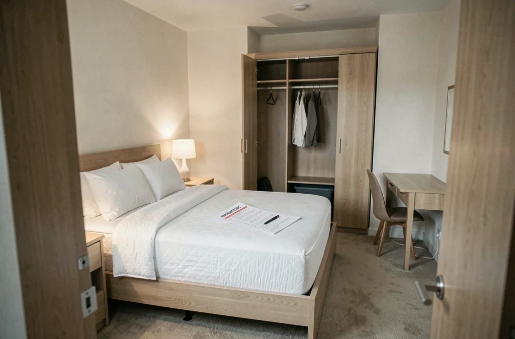 Chambre de studio meublé avec inventaire posé sur le lit pour état des lieux de location
