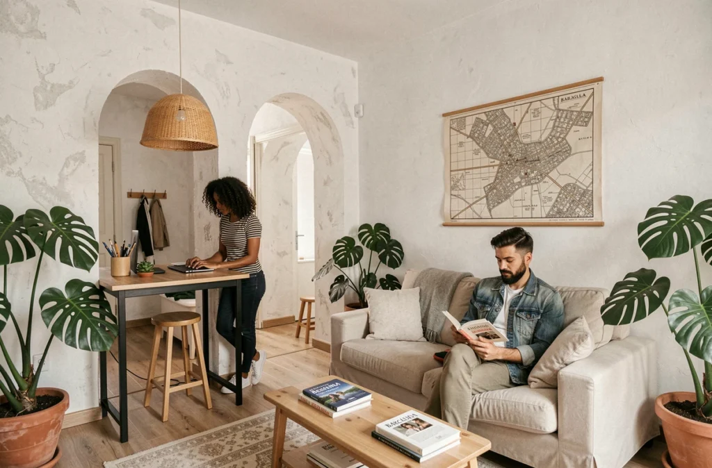 Espace de co-living dans un appartement en location à Barcelone avec deux digital nomades travaillant dans un salon méditerranéen
