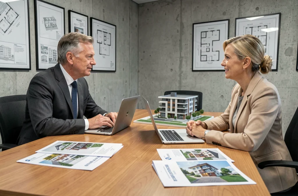 Deux conseillers en investissement immobilier discutant d'un projet avec des brochures et une maquette de résidence sur une table de réunion