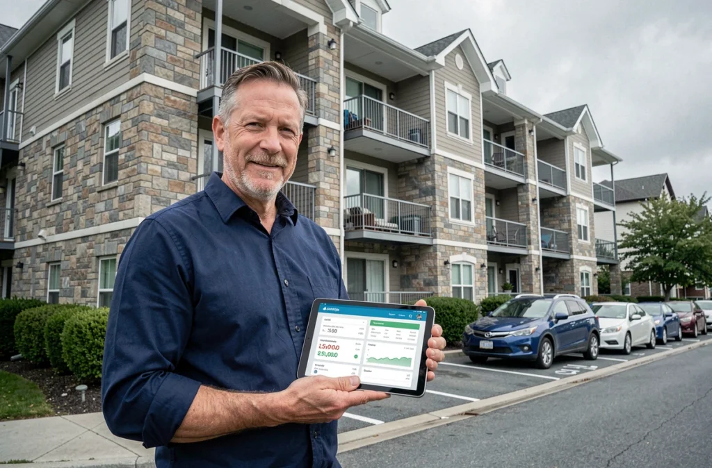 Copropriétaire debout devant un immeuble résidentiel consultant un tableau de bord financier de copropriété sur tablette