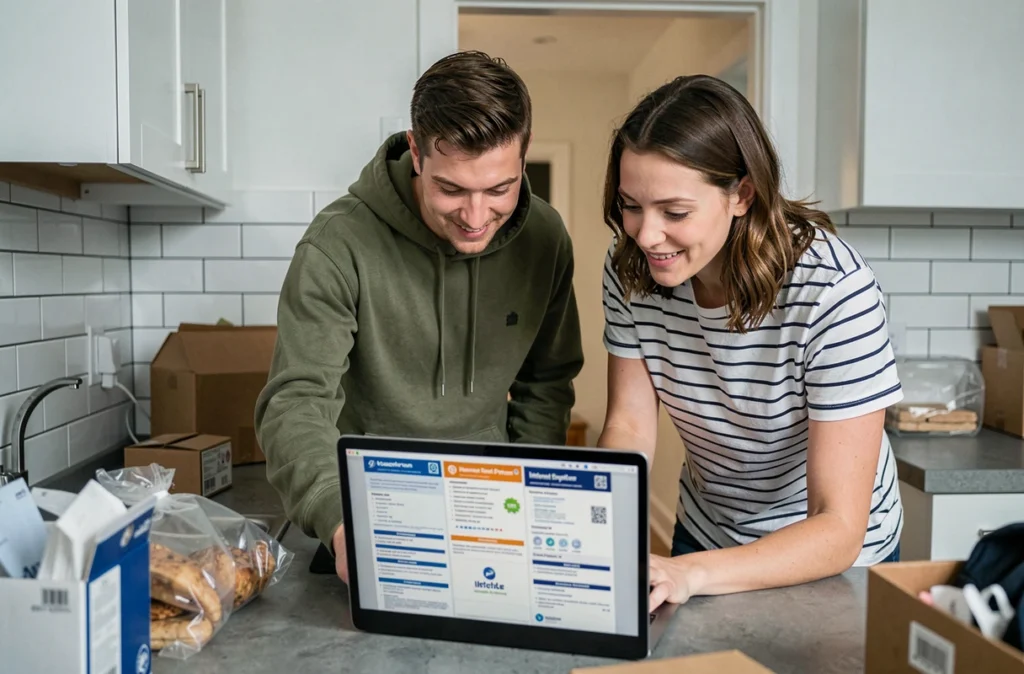 Couple comparant des offres internet sur un ordinateur portable lors d'un déménagement dans une cuisine urbaine