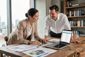 Couple d'investisseurs immobiliers étudiant des documents et plans de biens sur une table en bois dans un appartement moderne avec vue urbaine