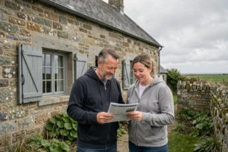 Couple examinant des documents devant une maison en pierre bretonne traditionnelle avec volets bleus et jardin sauvage