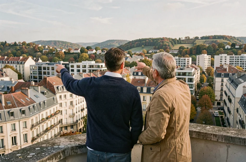 Couple observant le panorama des quartiers résidentiels de Saint-Étienne depuis un balcon