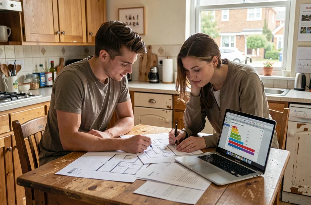 Couple étudiant les plans et le bilan énergétique de leur logement avant de lancer des travaux de rénovation