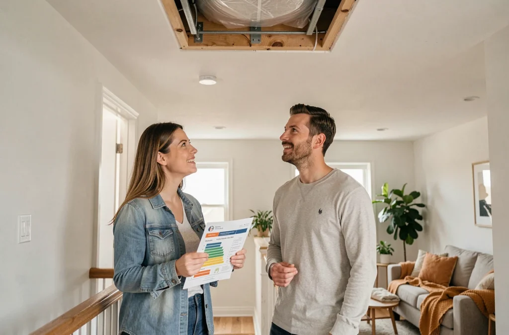 Couple satisfait examinant la trappe d'accès aux combles fraîchement isolés dans leur maison rénovée