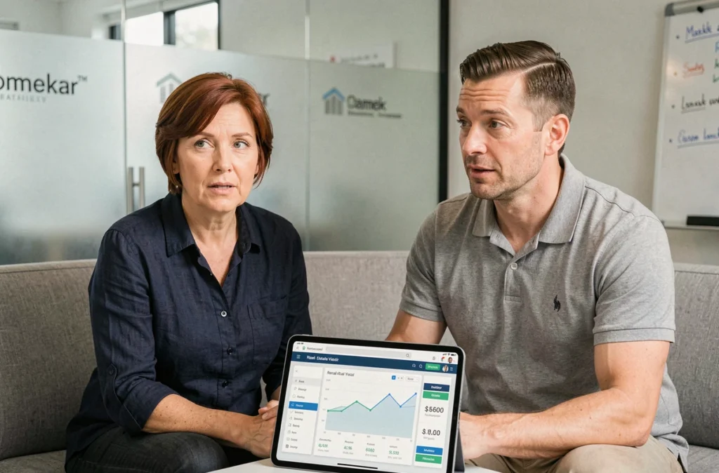 Couple en réunion avec un conseiller en investissement immobilier dans une agence moderne, consultant un tableau de bord de rendement locatif sur tablette