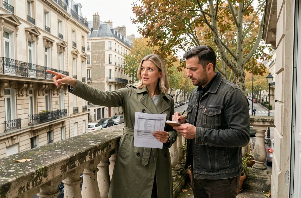 Couple visitant un immeuble de rapport depuis le balcon, évaluant un bien locatif dans une rue haussmannienne avec arbres et architecture parisienne