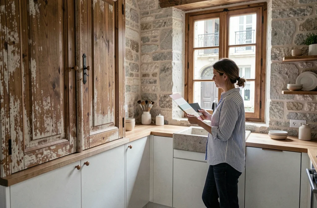 Cuisine rénovée dans un ancien appartement français alliant évier en pierre d'origine, placards anciens restaurés et éléments contemporains discrets