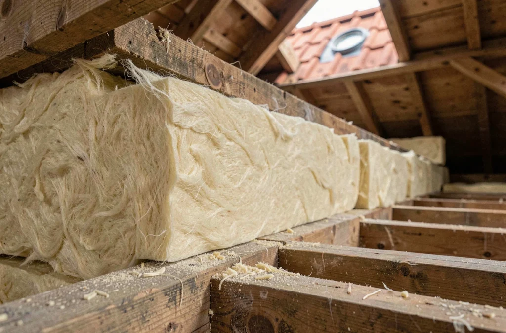 Gros plan sur des panneaux de laine de verre posés entre les solives dans des combles non aménagés
