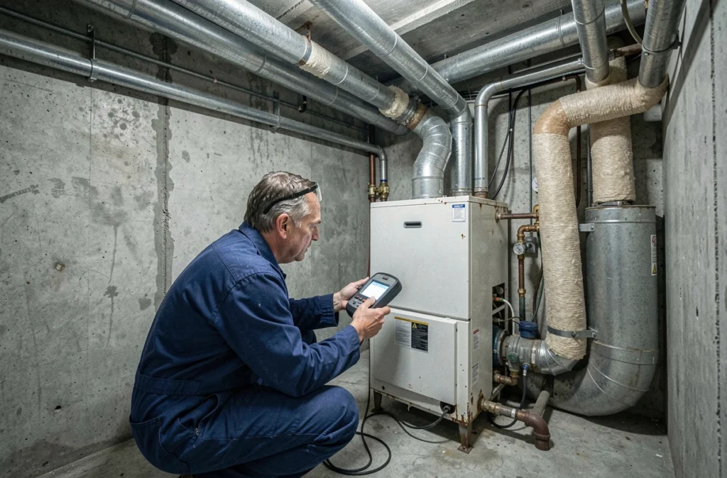 Technicien inspectant une chaudière ancienne avant une rénovation énergétique dans une chaufferie résidentielle