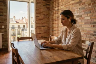 Digital nomade travaillant sur son ordinateur portable dans un appartement à louer à Barcelone avec vue sur les toits de l'Eixample