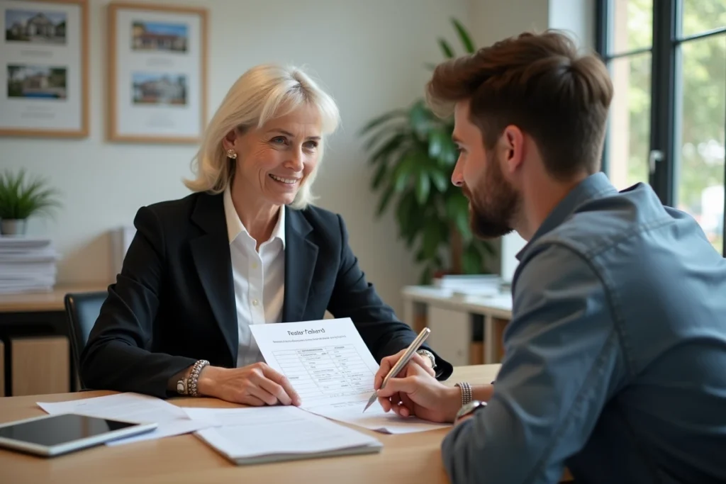 Propriétaire et locataire discutant du remboursement de la caution d'un logement meublé dans une agence immobilière
