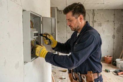 Électricien professionnel inspectant un tableau électrique lors de travaux de rénovation d'appartement