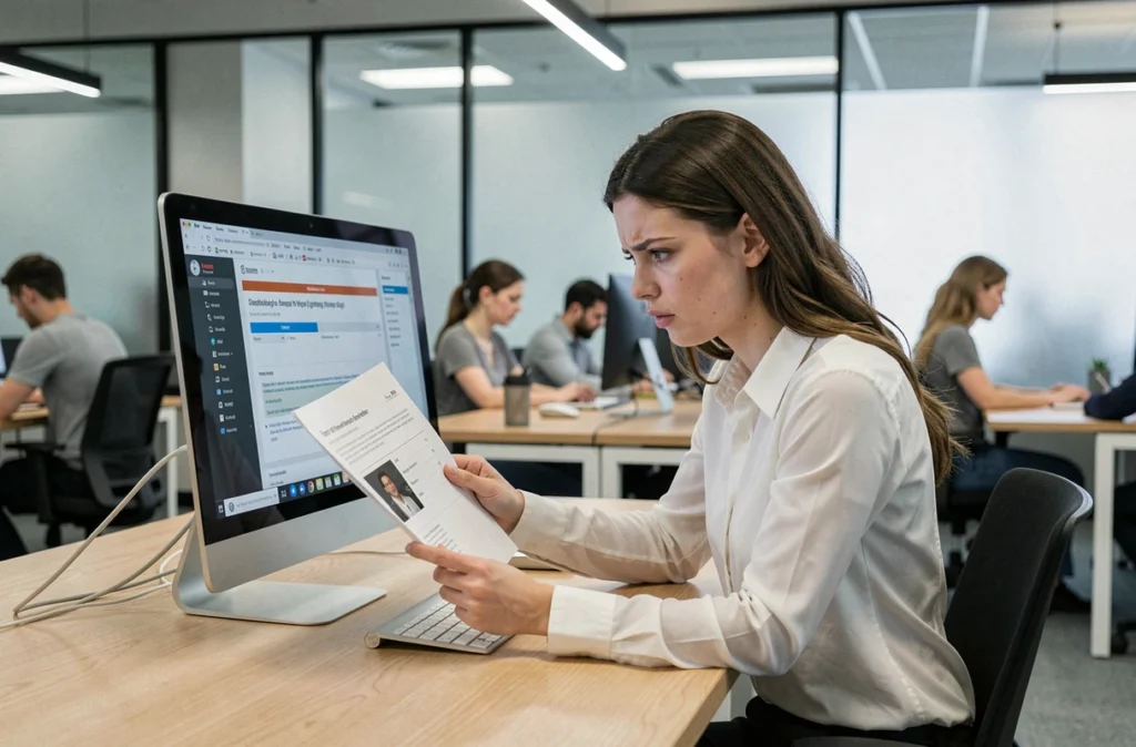 Jeune femme en bureau partagé comparant un document imprimé et un écran d'ordinateur pour corriger une erreur d'activation de compte en ligne
