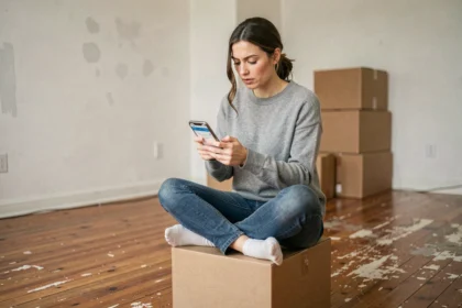 Femme assise sur des cartons de déménagement consultant son smartphone pour transférer son abonnement internet