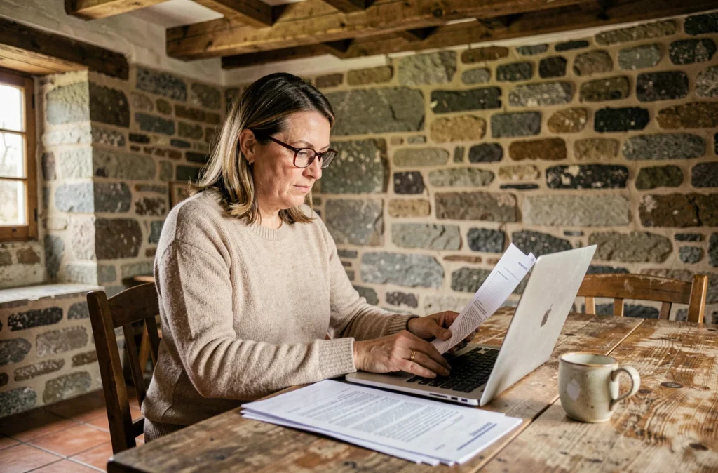 Femme consultant des documents de prêt immobilier dans l'intérieur en pierre d'une maison bretonne rénovée