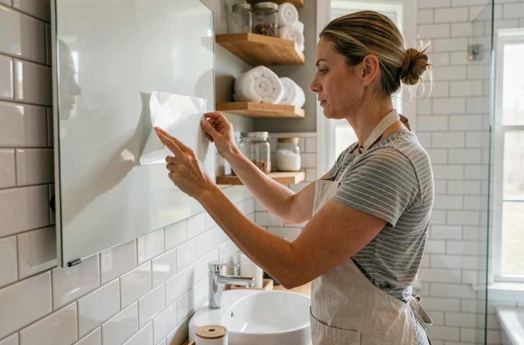 Femme appliquant un film adhésif décoratif sur un miroir de salle de bain pour un relooking sans travaux