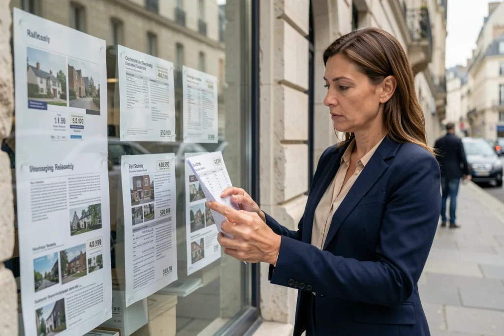Femme consultant les annonces immobilières en vitrine d'agence, questionnant la transparence des prix dans l'immobilier