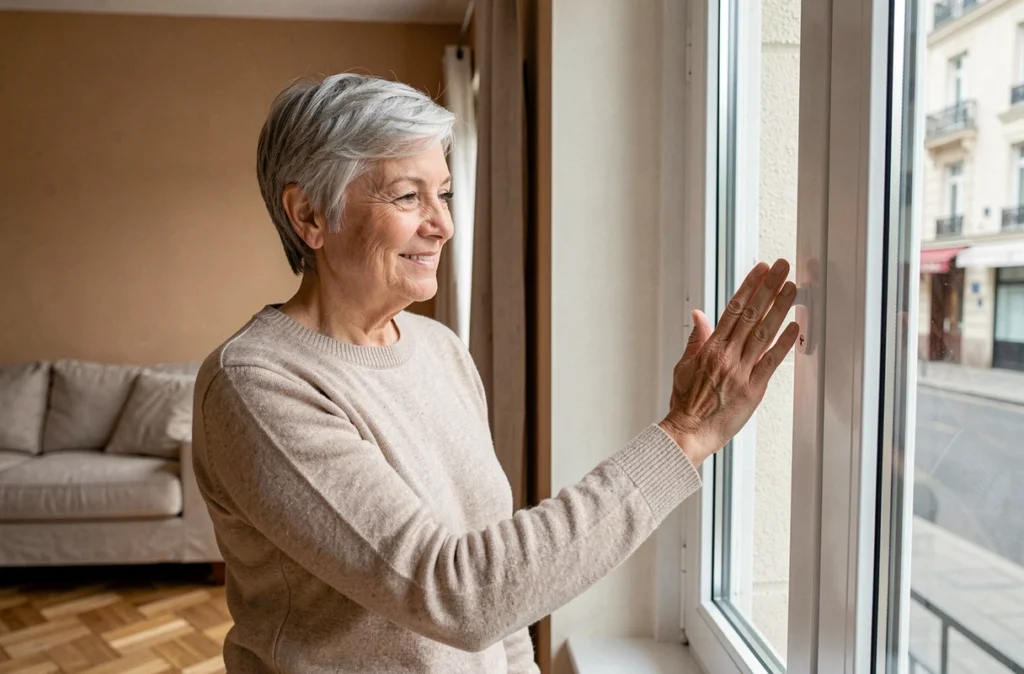 Femme inspectant une nouvelle fenêtre aluminium double vitrage installée dans son appartement pour réduire les déperditions thermiques