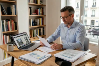 Un homme français consulte des documents immobiliers pour financer l'achat d'un appartement à Bangkok depuis son bureau parisien