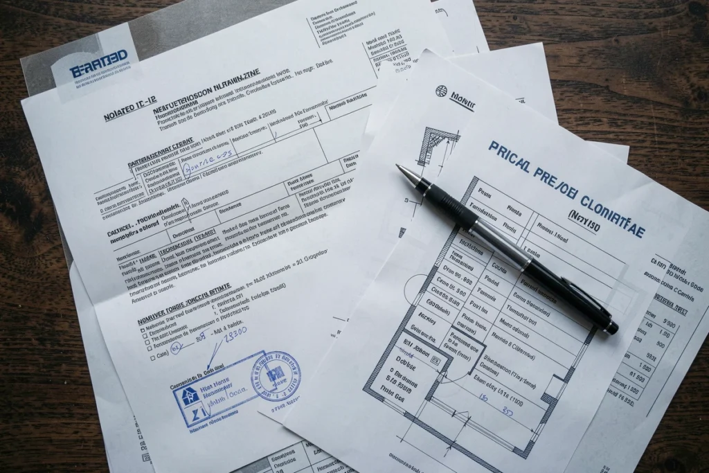 Vue aérienne de documents immobiliers notariés et plans sur une table en chêne, symbolisant la transparence des prix et la complexité administrative
