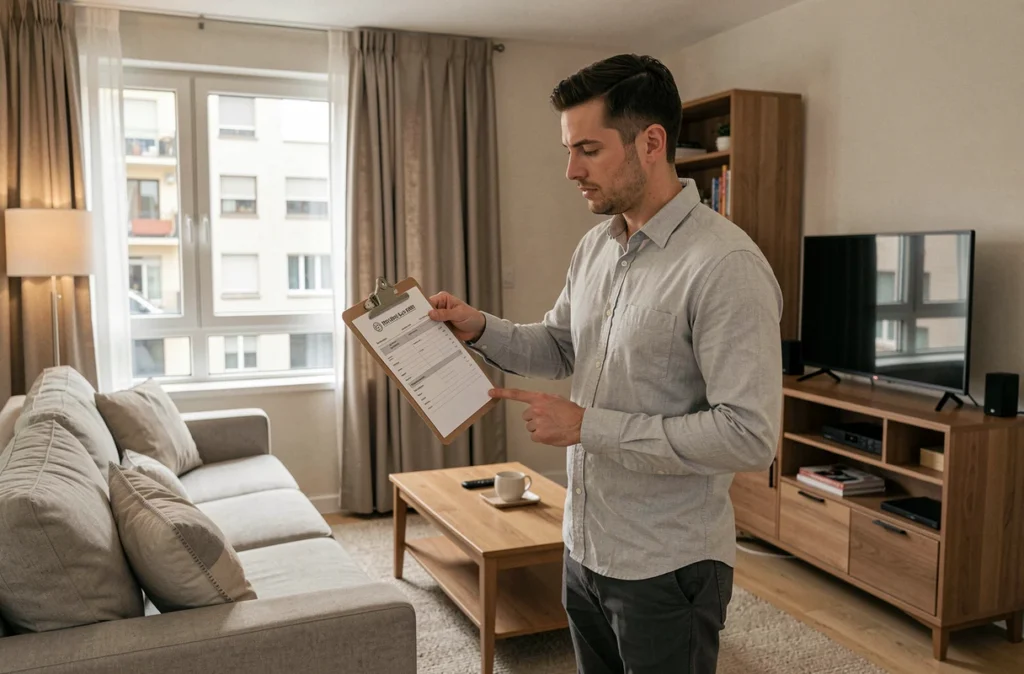 Gestionnaire immobilier contrôlant la liste du mobilier dans un appartement meublé avec clipboard