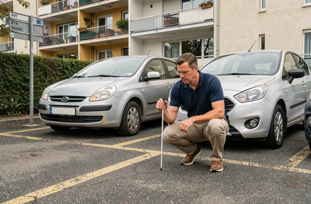 Gestionnaire de copropriété mesurant la largeur d'une place de parking extérieure avec un mètre ruban