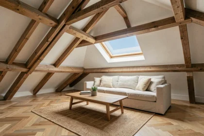 Grenier aménagé en salon lumineux avec poutres apparentes, fenêtre de toit et parquet en chevrons clairs