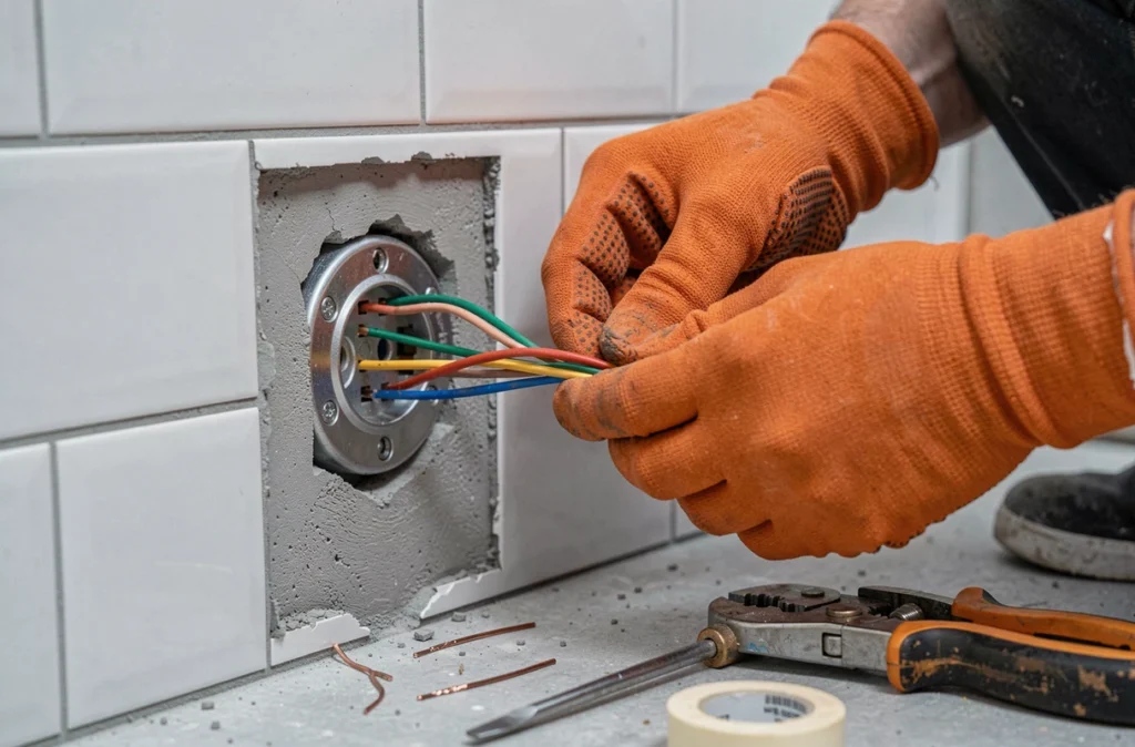 Gros plan sur des mains d'électricien connectant des fils électriques dans une prise murale lors d'une rénovation