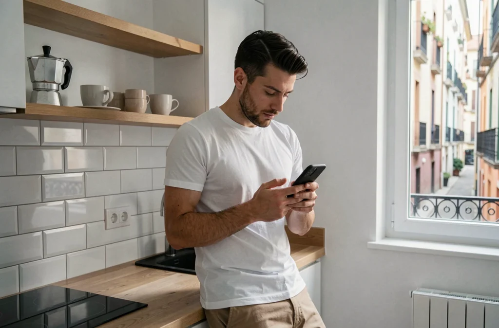 Jeune homme consultant une application de location d'appartement sur smartphone dans une cuisine moderne à Barcelone