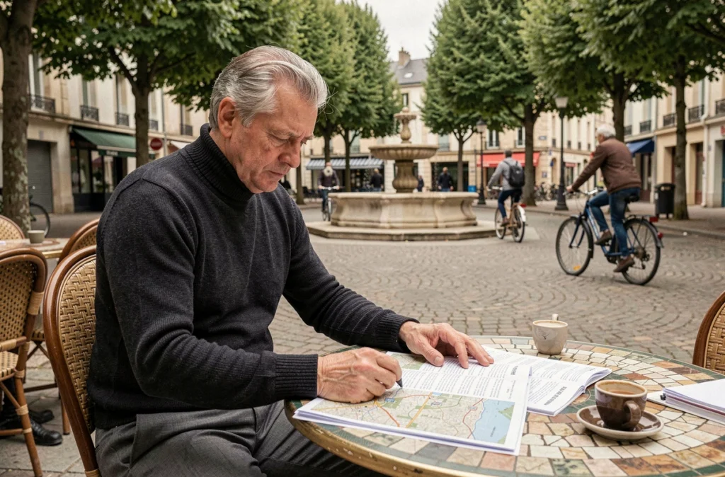 Homme mature consultant des cartes de quartiers de Saint-Étienne en terrasse de café