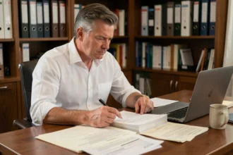 Homme examinant des documents immobiliers sur un bureau en bois, illustrant la complexité des papiers immo et la transparence des prix