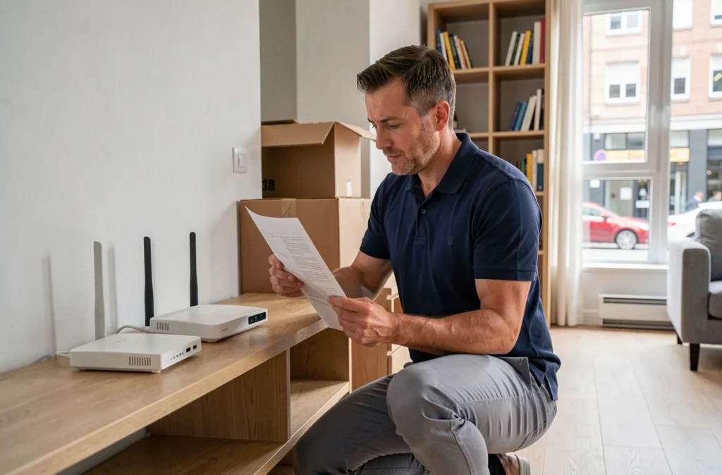 Homme installant un routeur internet dans un nouvel appartement après un déménagement