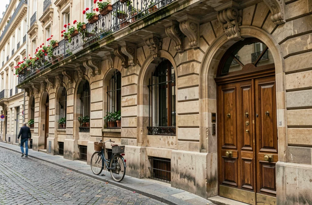 Immeuble ancien en pierre avec balcons en fer forgé dans le quartier Presqu'île de Lyon, idéal pour l'investissement immobilier