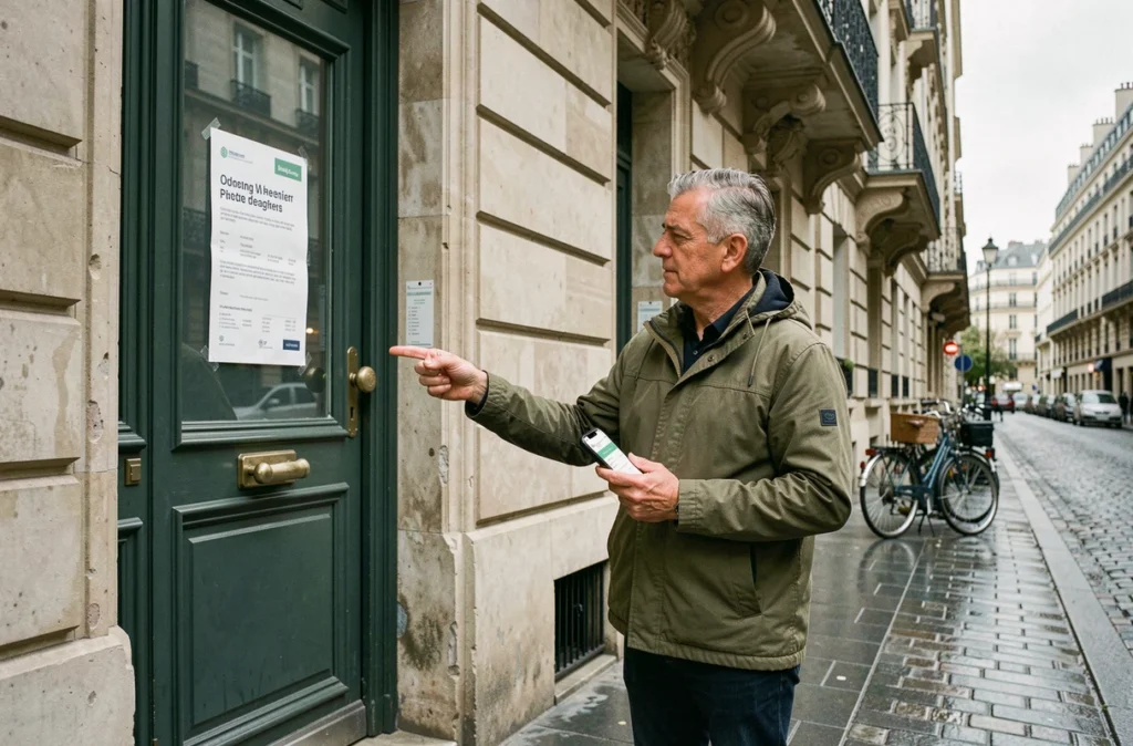 Propriétaire devant un immeuble parisien en zone tendue consultant une application de gestion locative sur smartphone