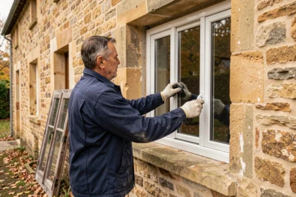 Artisan posant une nouvelle fenêtre double vitrage en PVC sur une maison en pierre pour améliorer l'isolation thermique