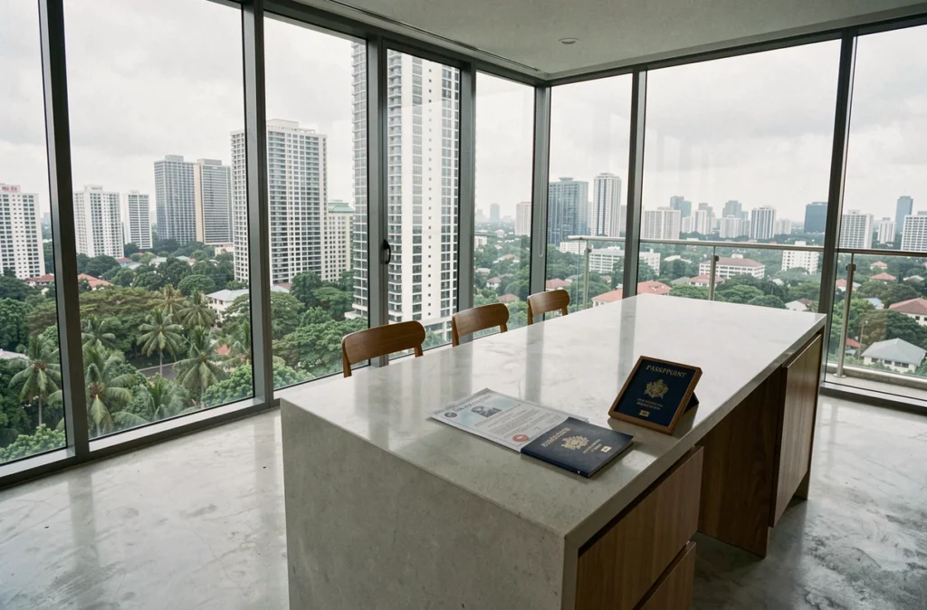 Intérieur d'un condo moderne à Bangkok avec vue sur les gratte-ciels et des documents de propriété française posés sur le comptoir